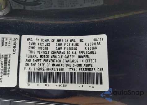 2017 Honda Accord Ex-L z USA, uszkodzony, nr VIN 1HGCR2F86HA279280